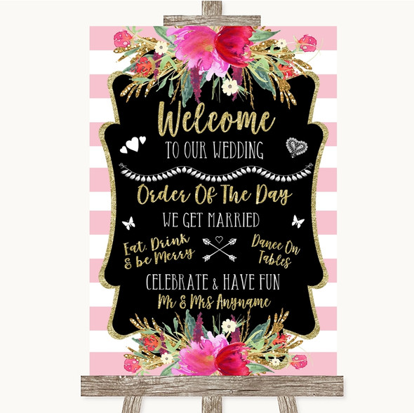 Gold & Pink Stripes Welcome Order Of The Day Personalised Wedding Sign