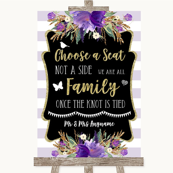 Gold & Purple Stripes Choose A Seat We Are All Family Personalised Wedding Sign