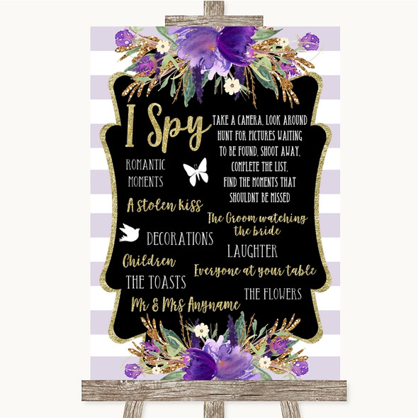 Gold & Purple Stripes I Spy Disposable Camera Personalised Wedding Sign