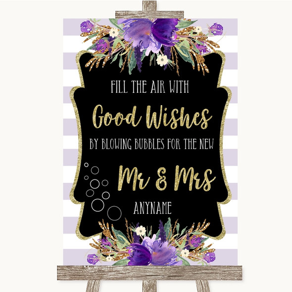 Gold & Purple Stripes Blow Bubbles Personalised Wedding Sign