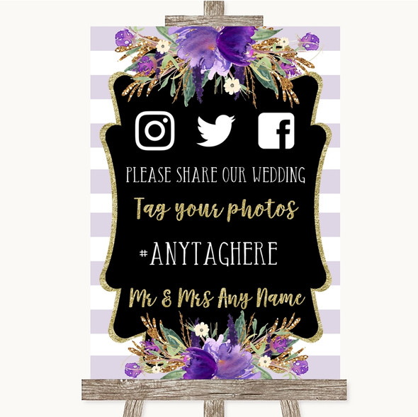 Gold & Purple Stripes Social Media Hashtag Photos Personalised Wedding Sign