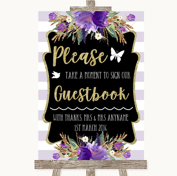 Gold & Purple Stripes Take A Moment To Sign Our Guest Book Wedding Sign