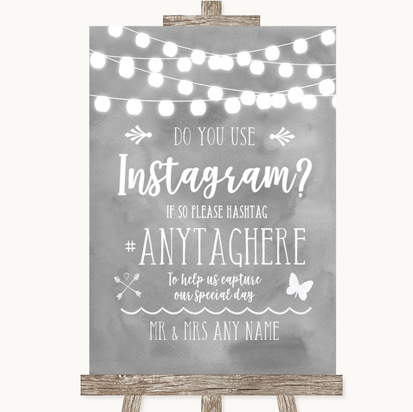 Grey Watercolour Lights Instagram Photo Sharing Personalised Wedding Sign