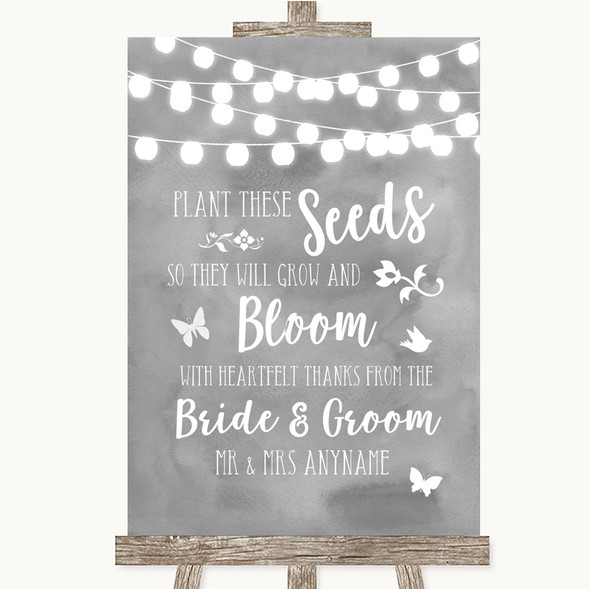 Grey Watercolour Lights Plant Seeds Favours Personalised Wedding Sign