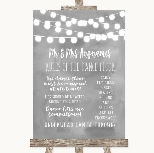 Grey Watercolour Lights Rules Of The Dance Floor Personalised Wedding Sign