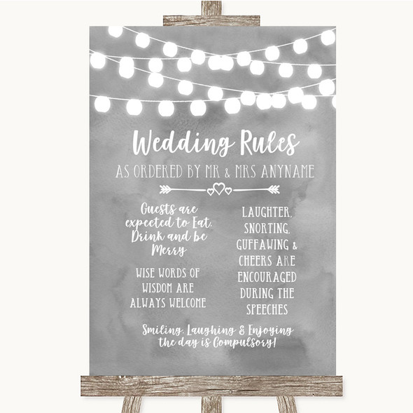 Grey Watercolour Lights Rules Of The Wedding Personalised Wedding Sign