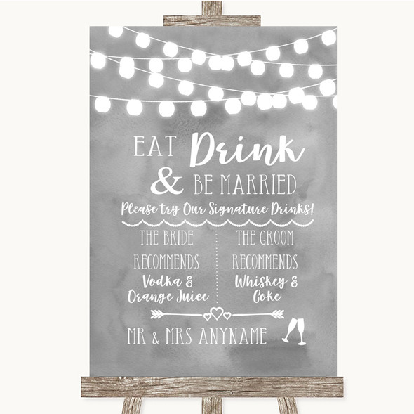 Grey Watercolour Lights Signature Favourite Drinks Personalised Wedding Sign