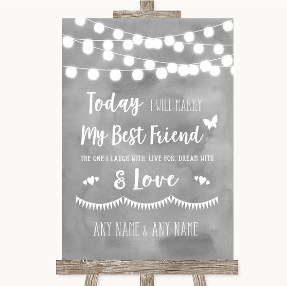 Grey Watercolour Lights Today I Marry My Best Friend Personalised Wedding Sign