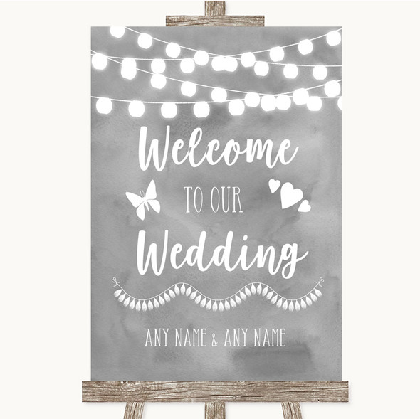 Grey Watercolour Lights Welcome To Our Wedding Personalised Wedding Sign