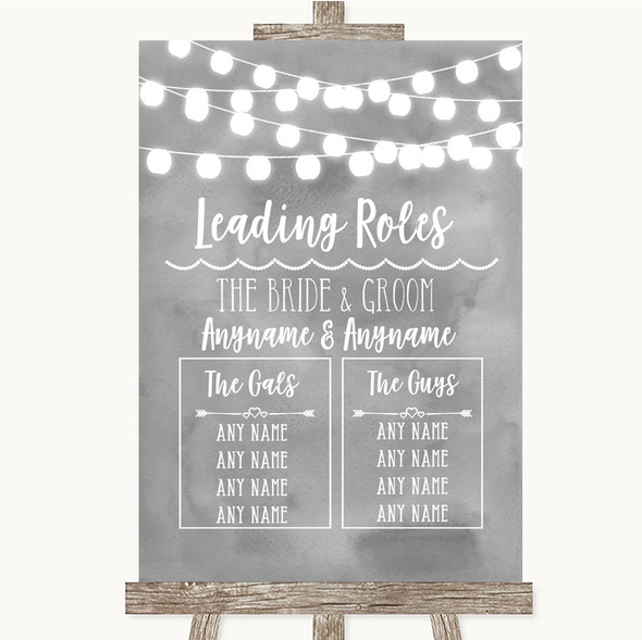 Grey Watercolour Lights Who's Who Leading Roles Personalised Wedding Sign