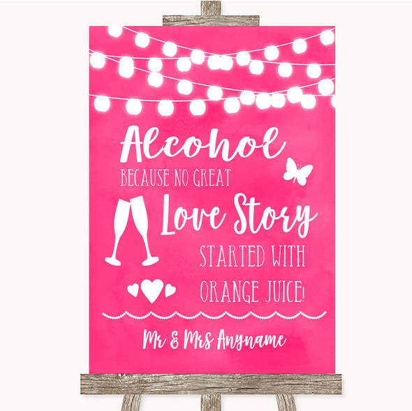 Hot Fuchsia Pink Watercolour Lights Alcohol Bar Love Story Wedding Sign