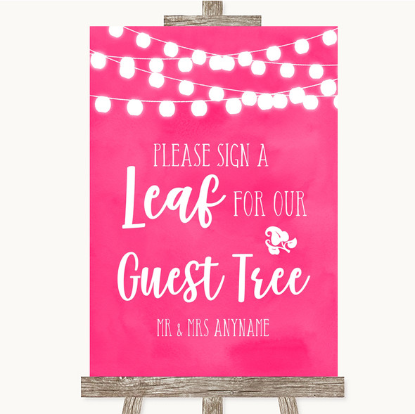 Hot Fuchsia Pink Watercolour Lights Guest Tree Leaf Personalised Wedding Sign