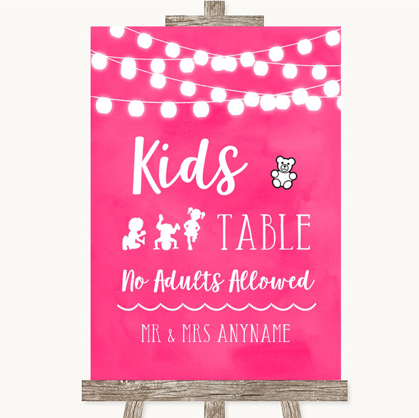Hot Fuchsia Pink Watercolour Lights Kids Table Personalised Wedding Sign