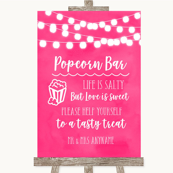 Hot Fuchsia Pink Watercolour Lights Popcorn Bar Personalised Wedding Sign