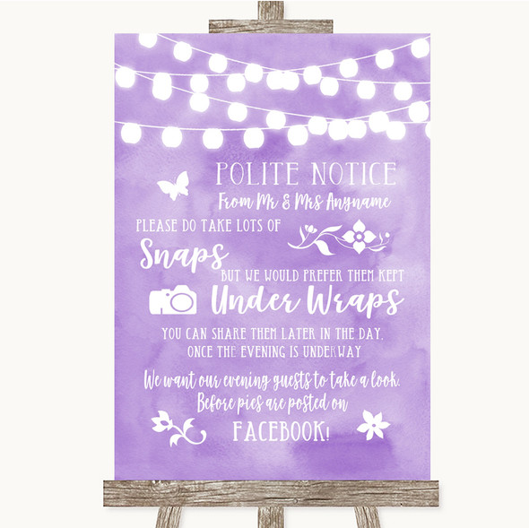 Lilac Watercolour Lights Don't Post Photos Facebook Personalised Wedding Sign