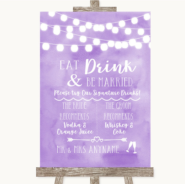 Lilac Watercolour Lights Signature Favourite Drinks Personalised Wedding Sign