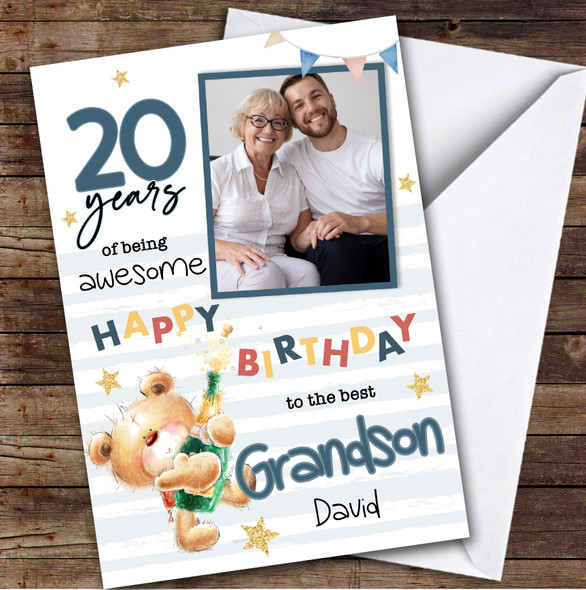 Personalised Grandson 20th Birthday Card Teddy Bear Champagne Photo
