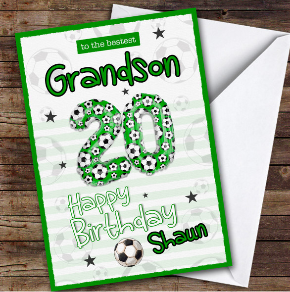 Personalised Grandson 20th Birthday Card Football Patterned Foil Balloon