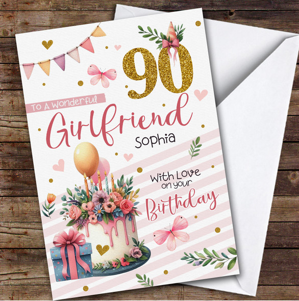 Personalised Girlfriend 90th Birthday Card Cake Butterflies