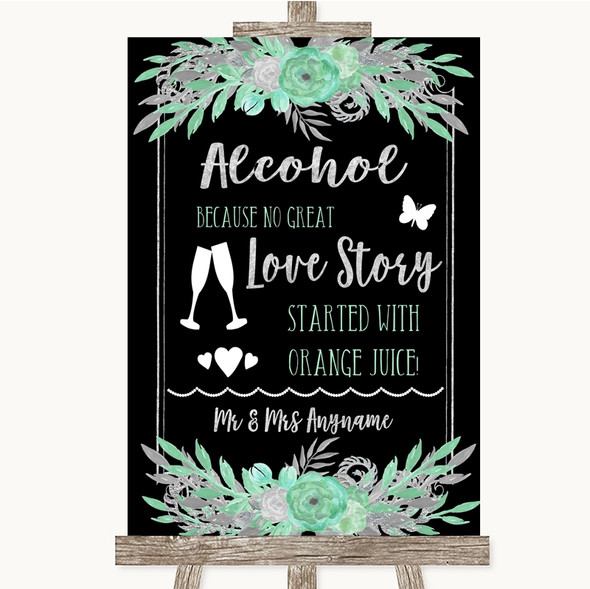 Black Mint Green & Silver Alcohol Bar Love Story Personalised Wedding Sign