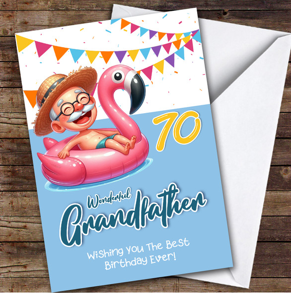 Personalised Grandfather 70th Birthday Card Inflatable Pink Flamingo