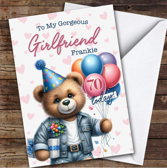 Personalised Girlfriend 70th Birthday Card Cute Teddy With Balloons