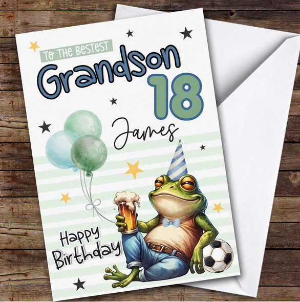 Personalised 18th Birthday Card Grandson Frog With Beer