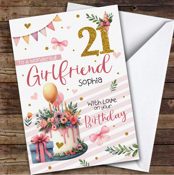 Personalised Girlfriend 21st Birthday Card Cake Butterflies