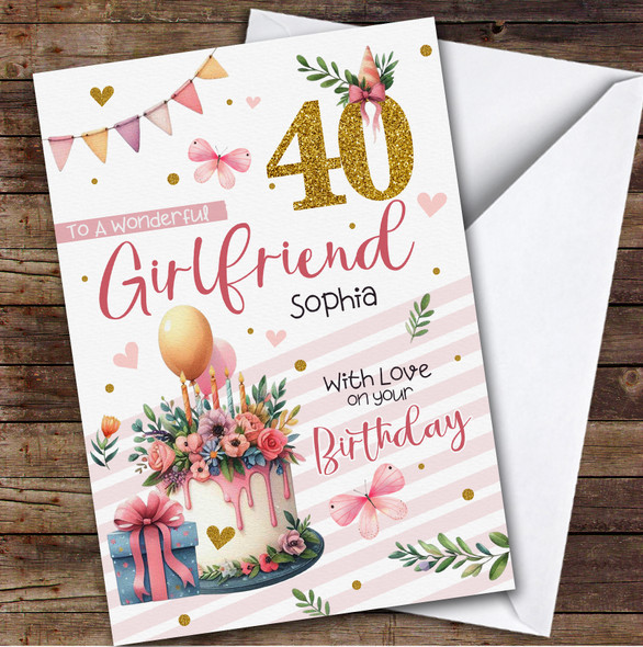 Personalised Girlfriend 40th Birthday Card Cake Butterflies