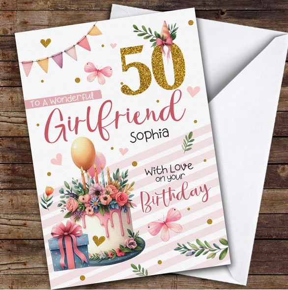 Personalised Girlfriend 50th Birthday Card Cake Butterflies