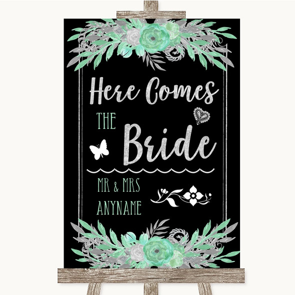 Black Mint Green & Silver Here Comes Bride Aisle Personalised Wedding Sign