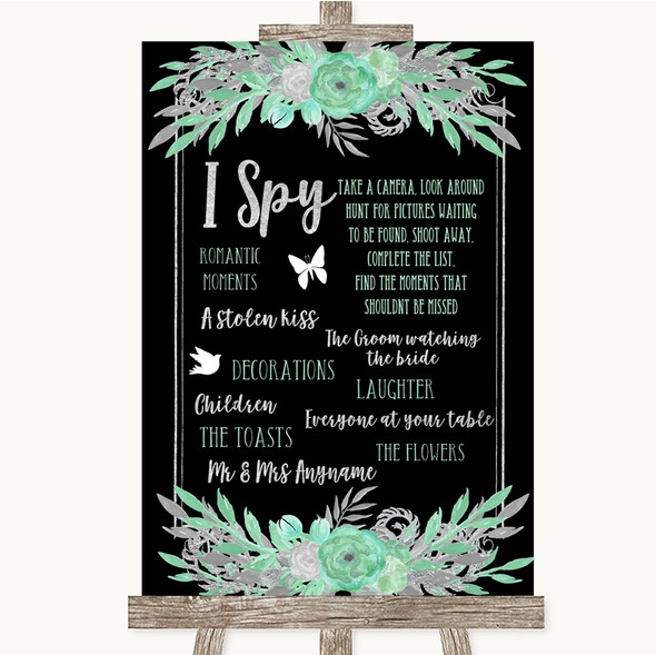 Black Mint Green & Silver I Spy Disposable Camera Personalised Wedding Sign