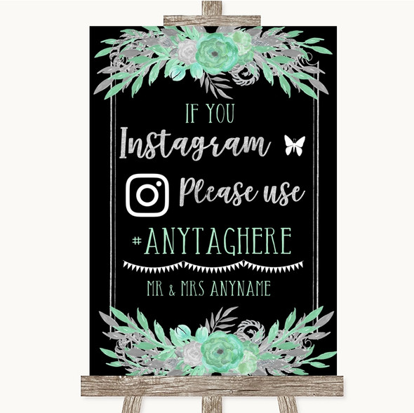 Black Mint Green & Silver Instagram Hashtag Personalised Wedding Sign