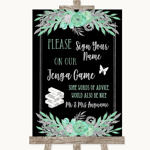 Black Mint Green & Silver Jenga Guest Book Personalised Wedding Sign