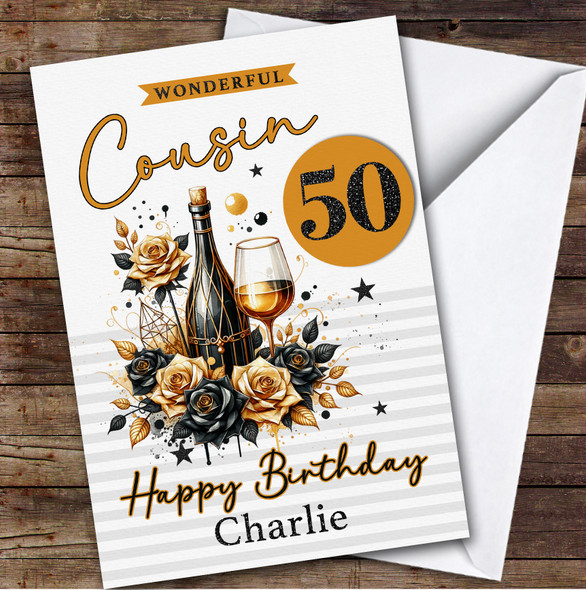 Personalised Male Cousin 50th Birthday Card Black And Gold Champagne
