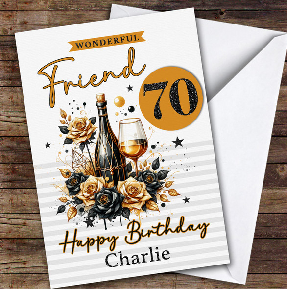 Personalised Male Friend 70th Birthday Card Black And Gold Champagne