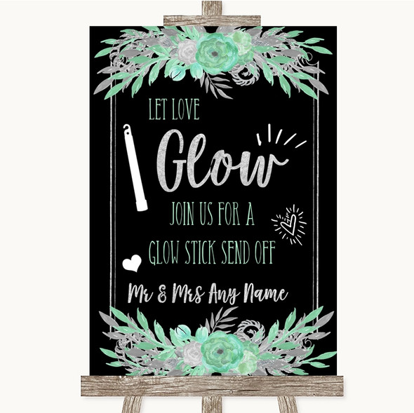 Black Mint Green & Silver Let Love Glow Glowstick Personalised Wedding Sign