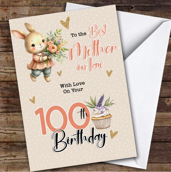 Personalised Mother-In-Law 100th Birthday Card Bunny With Flowers