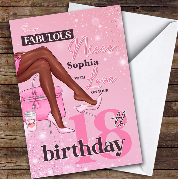Personalised Niece 18th Birthday Card Dark Skin Legs Pink Heels