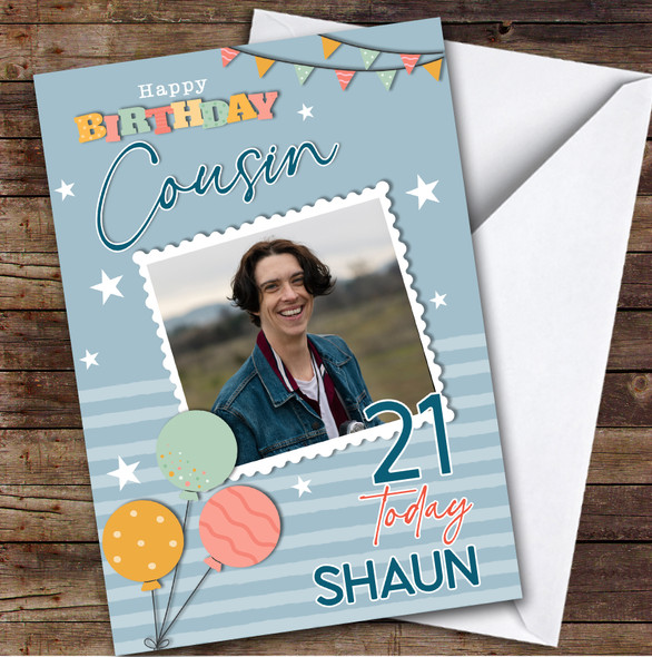 Personalised Male Cousin 21st Birthday Card Balloons Photo