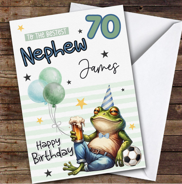 Personalised 70th Birthday Card Nephew Frog With Beer