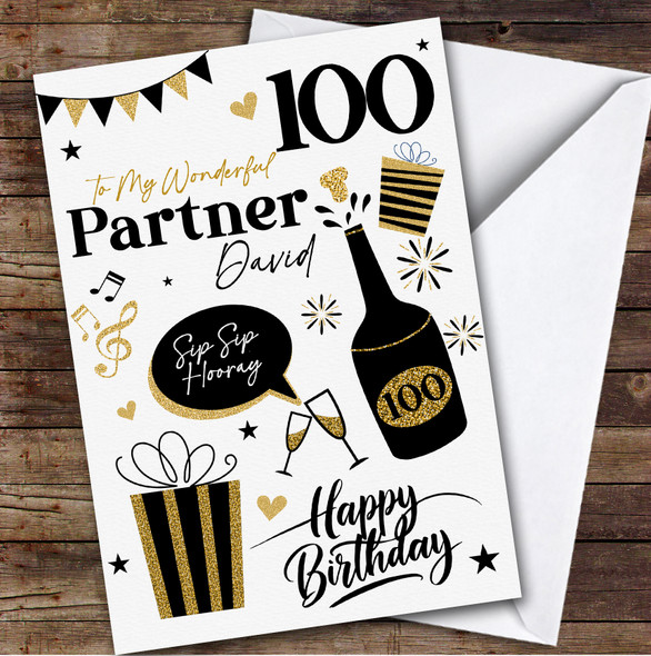 Personalised Birthday Card For Male Partner 100th Black Gold Presents