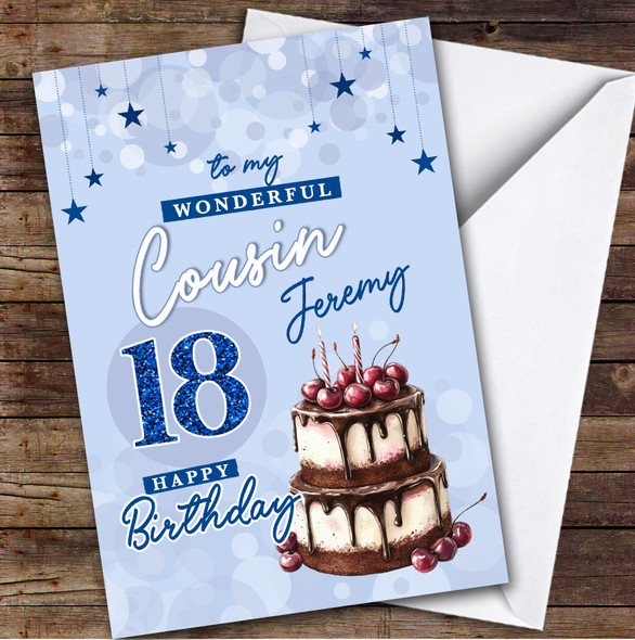Personalised Male Cousin 18th Birthday Card Blue Cherry Cake
