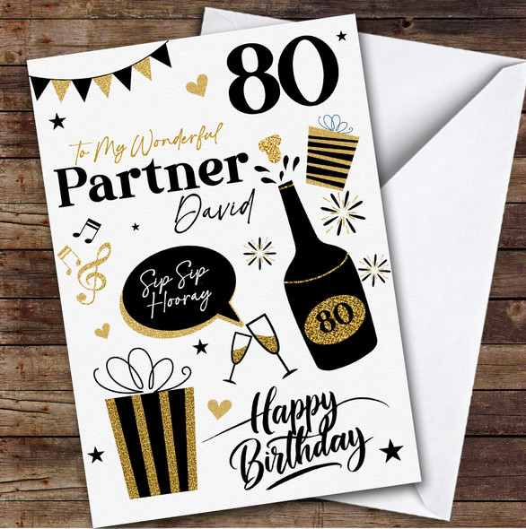 Personalised Birthday Card For Male Partner 80th Black Gold Presents