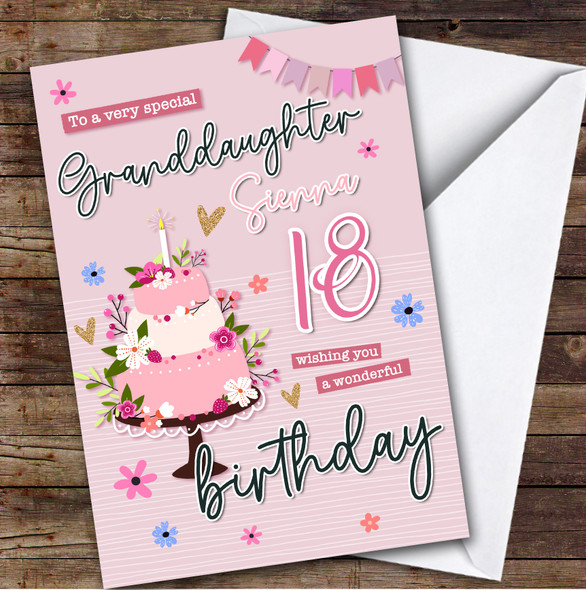 Personalised Granddaughter 18th Birthday Card Pink Birthday Card Cake