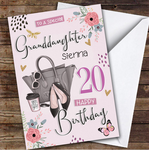 Personalised Granddaughter 20th Birthday Card Bag With Heels