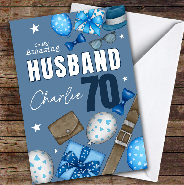 Personalised Birthday Card For Husband 70th Blue Balloons Presents