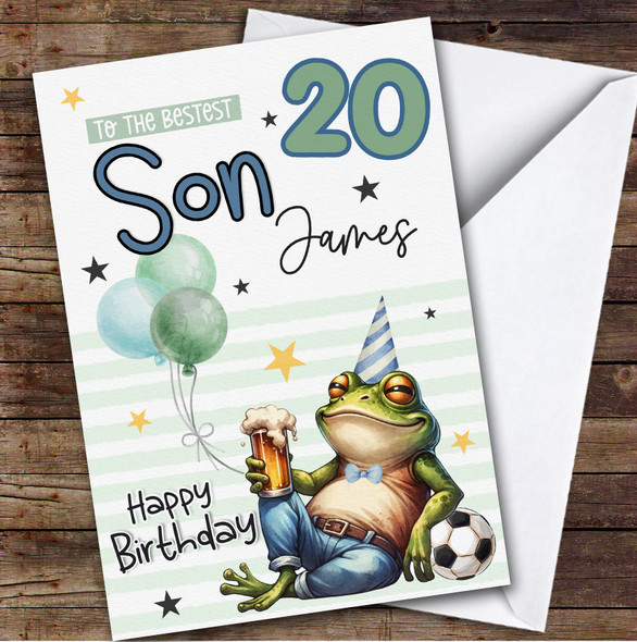 Personalised 20th Birthday Card Son Frog With Beer