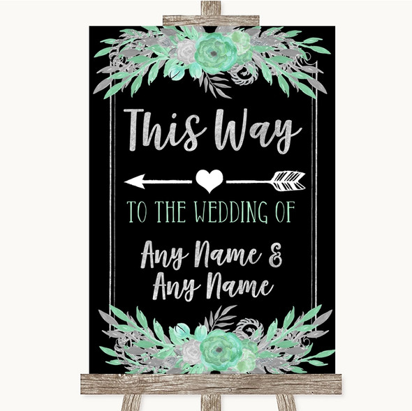 Black Mint Green & Silver This Way Arrow Left Personalised Wedding Sign