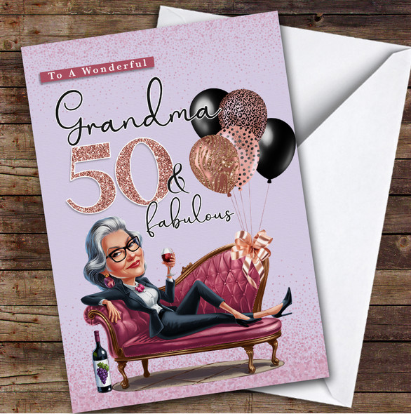 Personalised Grandma 50th Birthday Card Glamorous Woman On Sofa